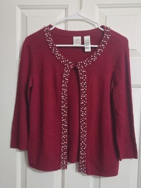 Emma James Burgundy Beaded-Trim Open Cardigan
